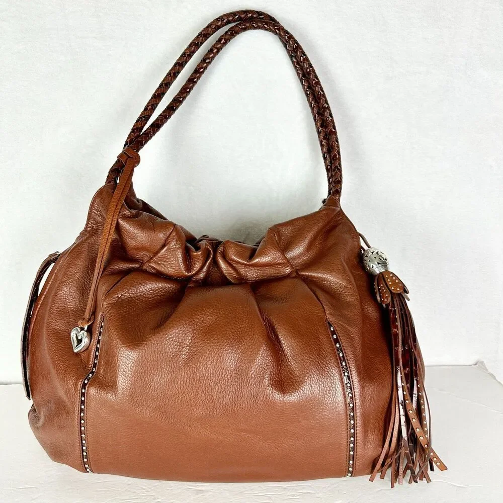 Brighton Femme Fatal Gretta Garbo Studded Shoulder Bag Hobo Brown Tassel Leather